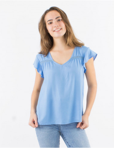 Chemisier viscose uni col V petites manches