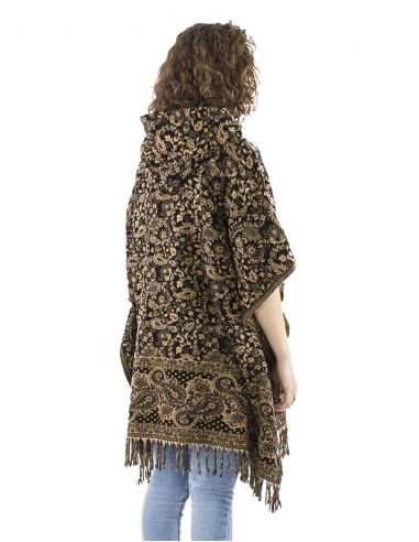 Poncho acrylique carré franges Jacquart motif cachemire avec capuche