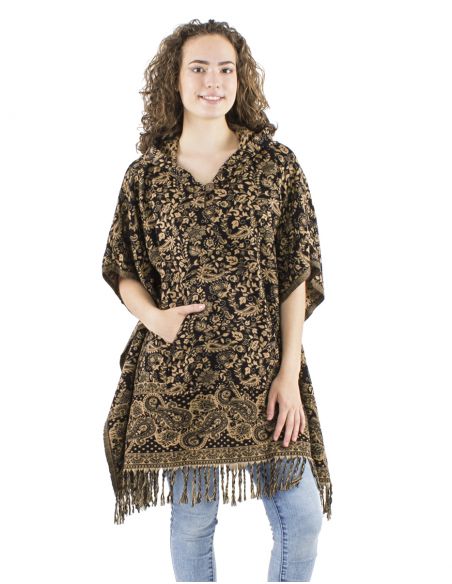 Poncho acrylique carré franges Jacquart motif cachemire avec capuche