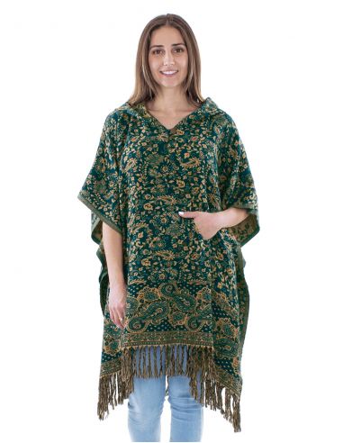 Poncho acrylique carré franges Jacquart motif cachemire avec capuche