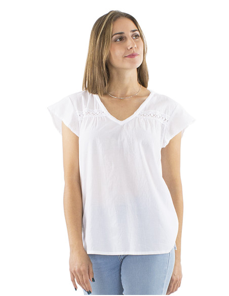 Chemisier coton blanc petites manches dentelle buste