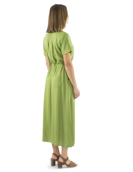 Robe viscose unie longue manches courtes boutonnée