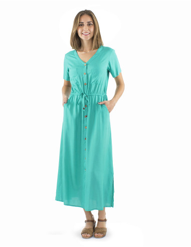 Robe viscose unie longue manches courtes boutonnée