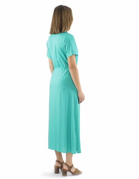 Robe viscose unie longue manches courtes boutonnée