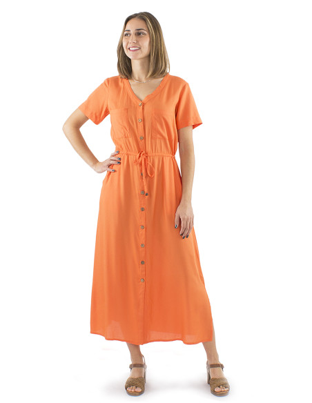 Robe viscose unie longue manches courtes boutonnée