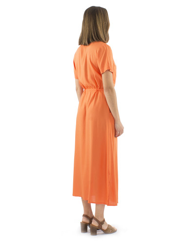 Robe viscose unie longue manches courtes boutonnée