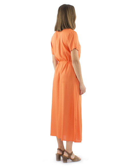 Robe viscose unie longue manches courtes boutonnée