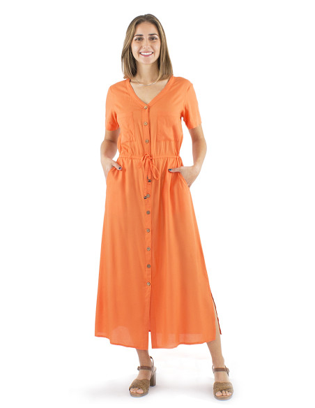 Robe viscose unie longue manches courtes boutonnée