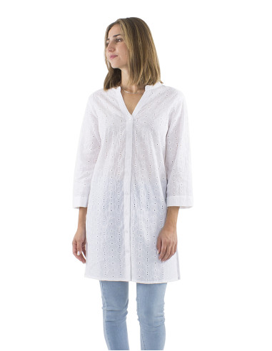 Robe tunique coton brodée blanc manches 3/4