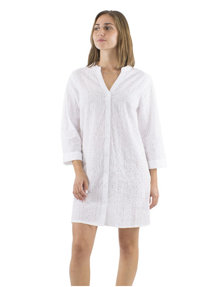 Robe tunique coton brodée blanc manches 3/4