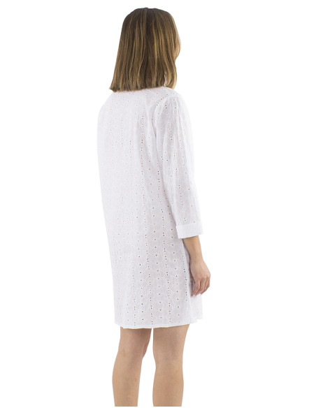 Robe tunique coton brodée blanc manches 3/4