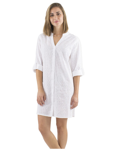 Robe tunique coton brodée blanc manches 3/4