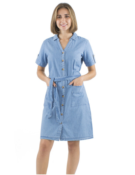 Robe coton denim boutonnée manches courtes col