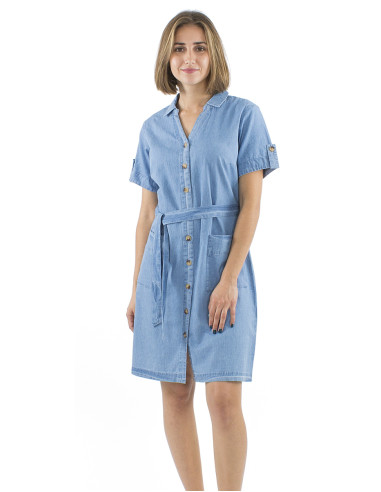 Robe coton denim boutonnée manches courtes col