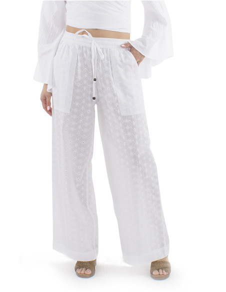 Pantalon coton brodé uni ceinture élastique