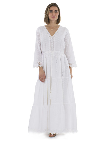 Robe coton blanc brodée doublée manches 3/4