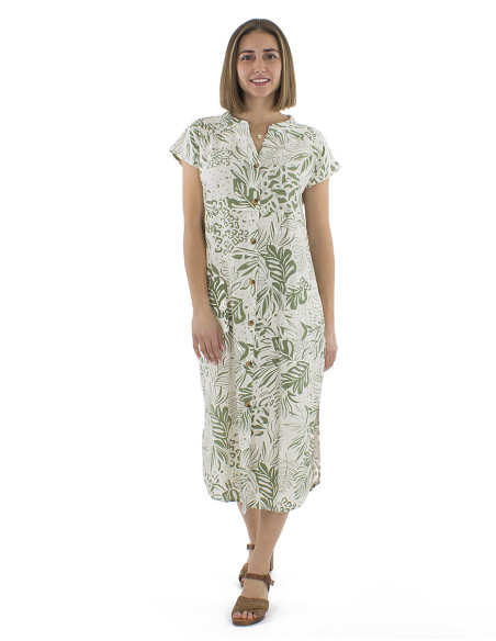 Robe 70% viscose 30% lin boutonnée 2 poches imprimé Nature