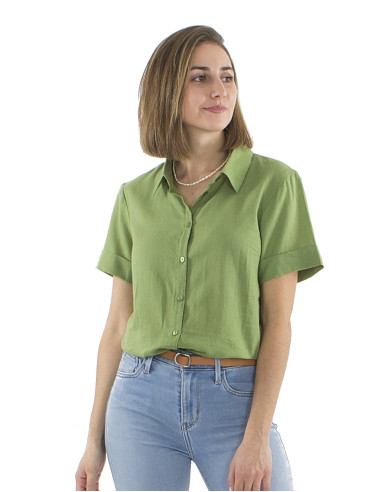 Chemisier coton mousse uni boutonné manches...