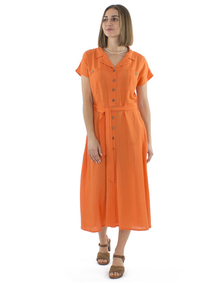 Robe longue 91% viscose 9% lin boutonnée 2 poches poitrine