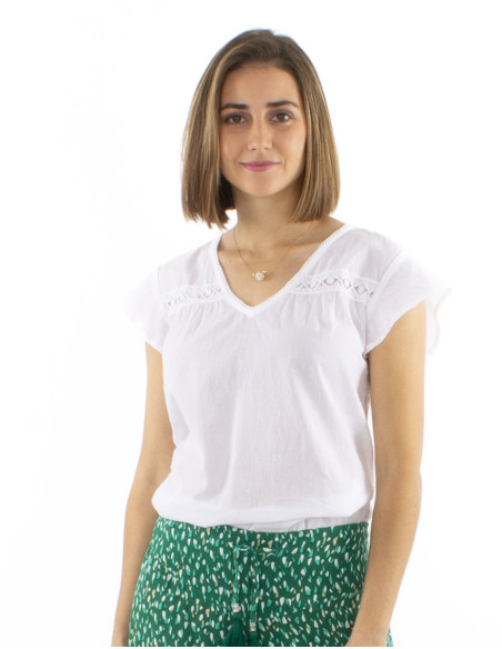 Chemisier coton blanc petites manches dentelle buste