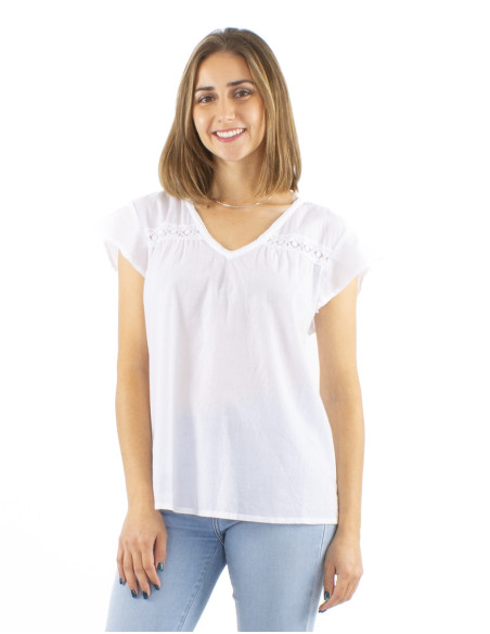 Chemisier coton blanc petites manches dentelle buste