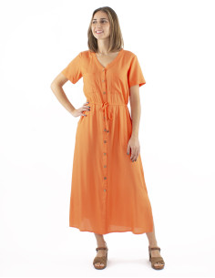 Robe viscose unie longue manches courtes boutonnée