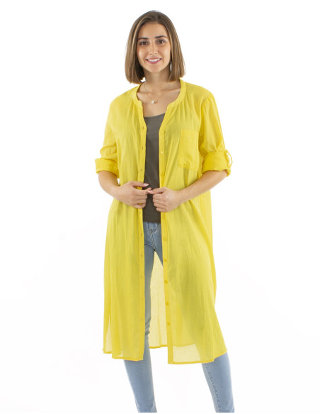 Robe voile coton uni boutonnée manches longues