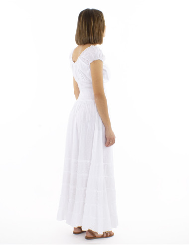 Robe coton blanc brodée doublée élastique ceinture