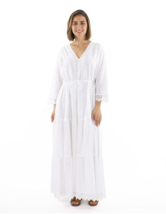 Robe coton blanc brodée doublée manches 3/4