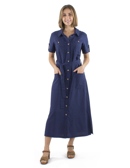 Robe longue 54% lin 46% viscose boutonnée manches courtes
