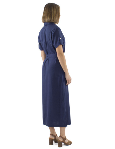 Robe longue 54% lin 46% viscose boutonnée manches courtes