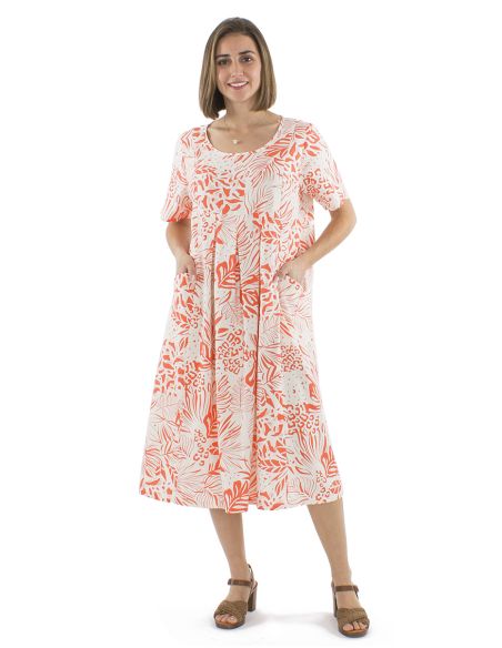 Robe 70% viscose 30% lin plis taille manches courtes imprimé Nature