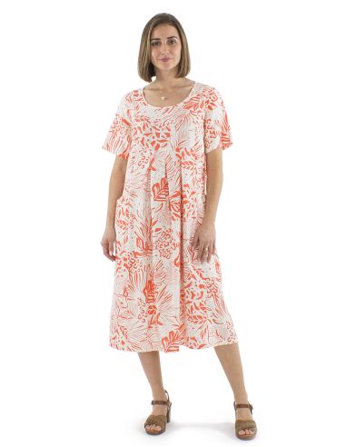 Robe 70% viscose 30% lin plis taille manches courtes imprimé Nature
