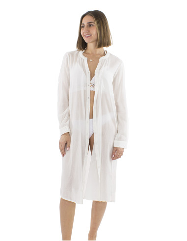 Robe voile coton uni boutonnée manches longues