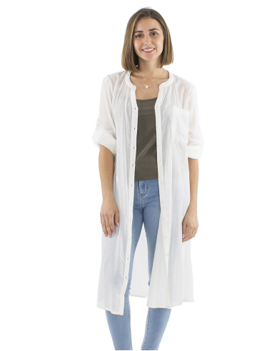 Robe voile coton uni boutonnée manches longues