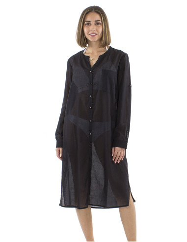 Robe voile coton uni boutonnée manches longues