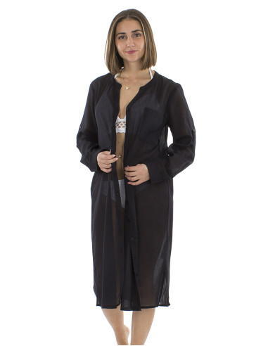 Robe voile coton uni boutonnée manches longues