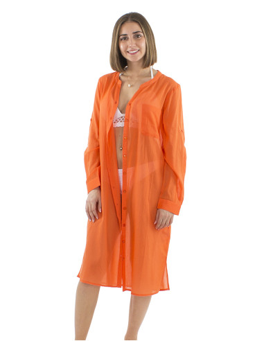 Robe voile coton uni boutonnée manches longues