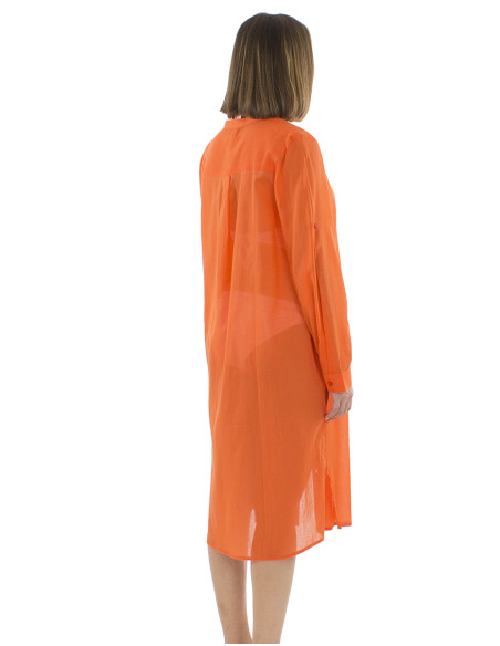 Robe voile coton uni boutonnée manches longues