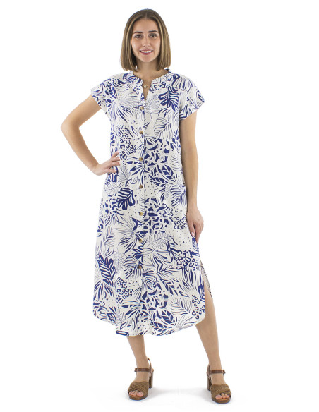 Robe 70% viscose 30% lin boutonnée 2 poches imprimé Nature