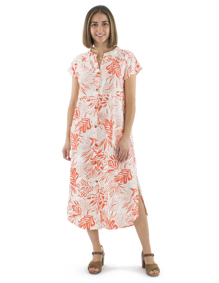 Robe 70% viscose 30% lin boutonnée 2 poches imprimé Nature