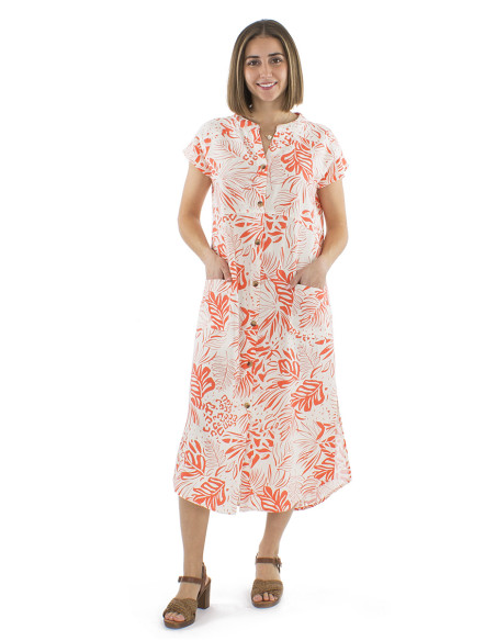 Robe 70% viscose 30% lin boutonnée 2 poches imprimé Nature