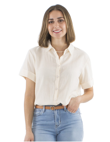 Chemisier coton mousse uni boutonné manches courtes