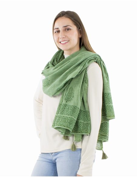 Châle coton épais pompons twill bordure tampons