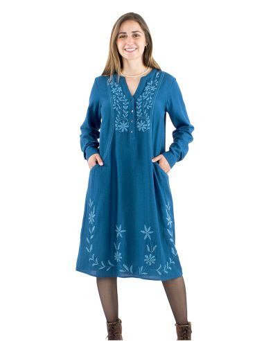 Robe 91% viscose 9% lin uni 4 boutons brodée
