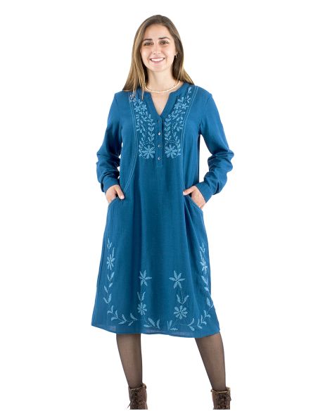 Robe 91% viscose 9% lin uni 4 boutons brodée