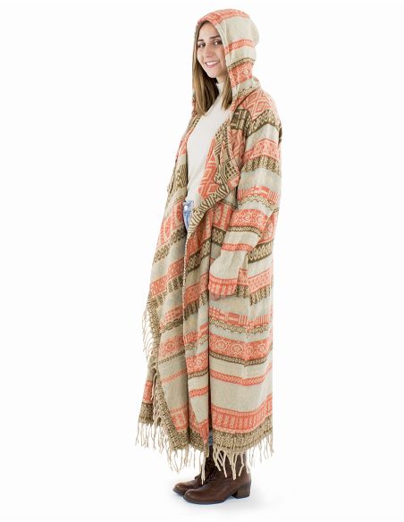 Manteau long acrylique capuche franges Jacquart lignes