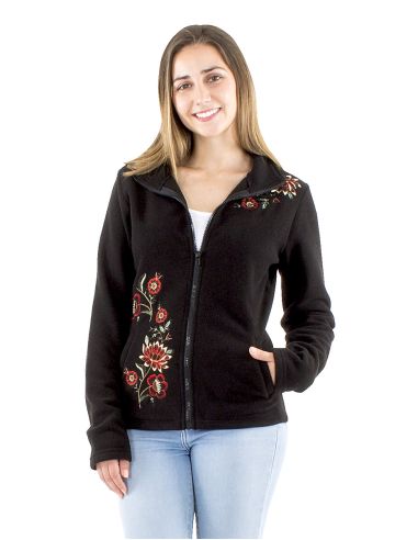 Veste maille polyester polaire à col broderies fleurs