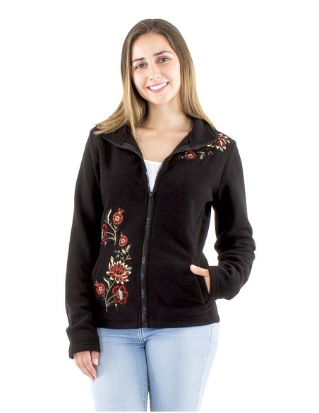 Veste maille polyester polaire à col broderies fleurs
