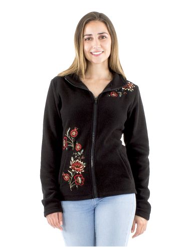 Veste maille polyester polaire à col broderies fleurs